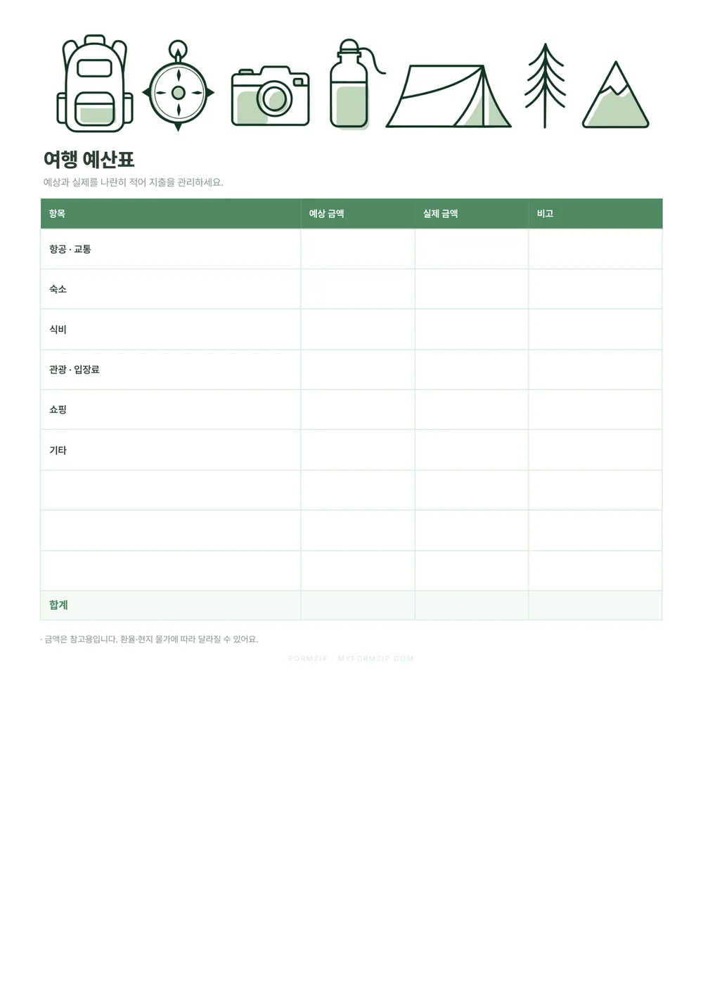여행 준비 세트 (체크리스트·일정·예산) — 예산표 · 포레스트
