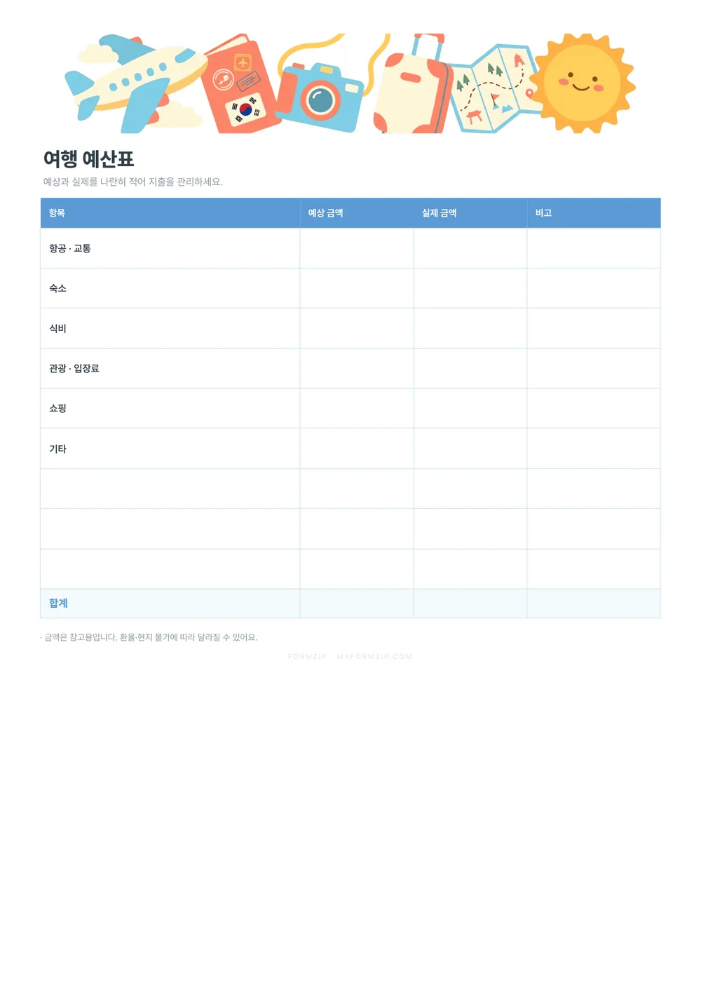 여행 준비 세트 (체크리스트·일정·예산) — 예산표 · 스카이