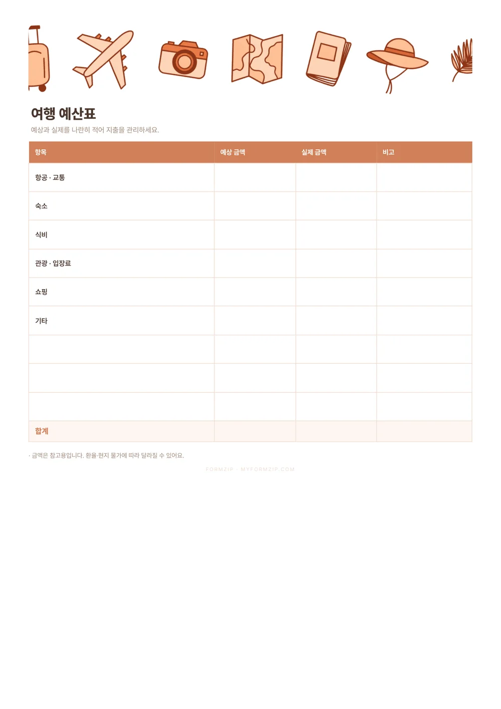 여행 준비 세트 (체크리스트·일정·예산) — 예산표 · 선셋